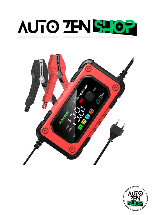 Chargeur de batterie auto FOX SUR rouge et noir avec écran digital et pinces de batterie