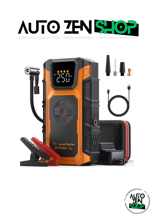 Gonfleur électrique portable orange noir avec écran digital, accessoires et pinces de démarrage
