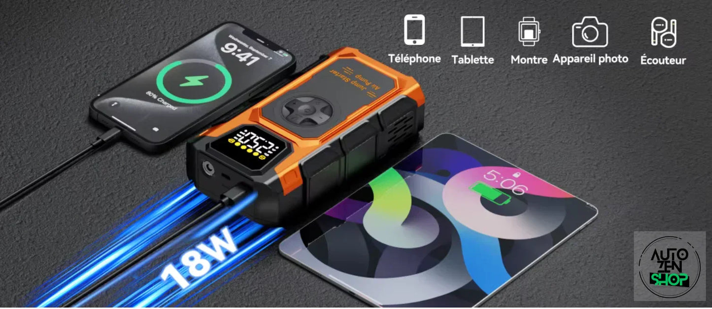 Chargeur portable orange affichant 18W charge rapide pour téléphone et tablette sur fond noir