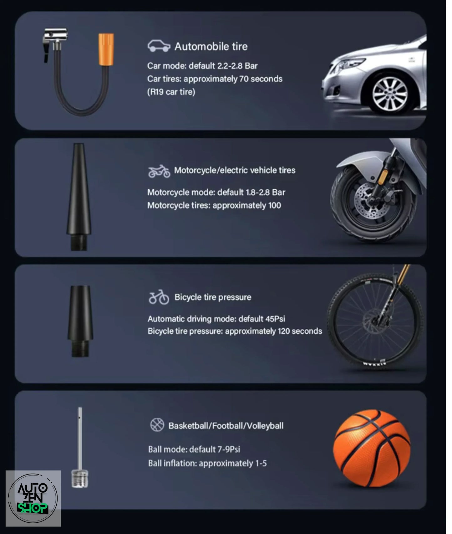 Adaptateurs pour gonflage pneus voiture, moto, vélo et ballon basketball avec modes et pressions